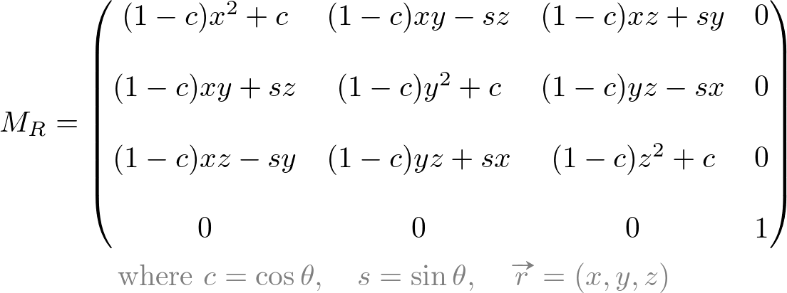 4x4 matrix for rotating about arbitrary axis